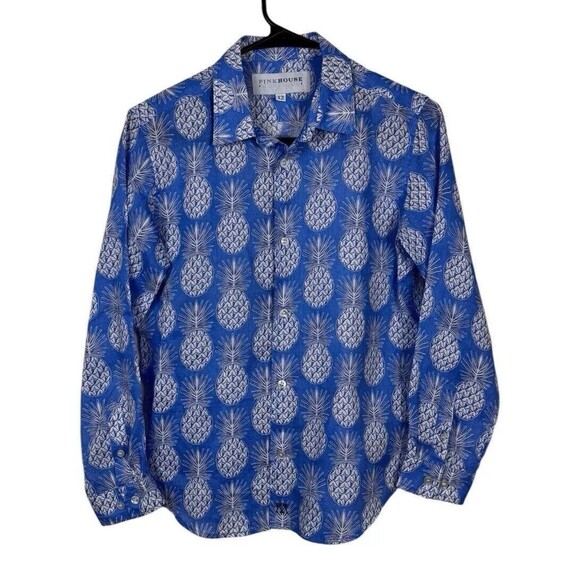 Pink House Mustique Women’s Blue Linen Pineapple Print Button Up Shirt Size 12 - Picture 1 of 7